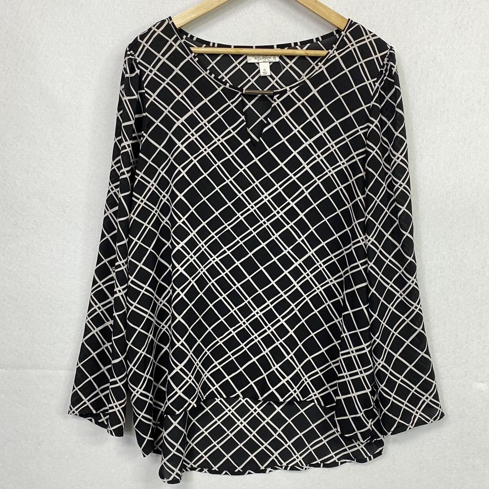 Dressbarn Too Blouse Women’s XL Black & White Long Sleeve Flowy Diamond Pattern